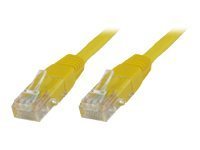 Yellow 0.5 m Cat5e U/UTP networking cable with clear plastic connectors on both ends, designed for reliable data transmission.