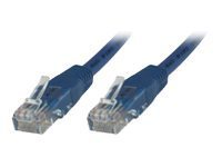 Blue 1.5-meter Cat5e networking cable with U/UTP configuration, featuring clear plastic connectors on both ends for secure connections.