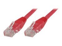 Red 1.5-meter Microconnect B-UTP5015R networking cable with U/UTP connectors on both ends, designed for Cat5e Ethernet connections.