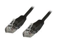 Black 1.5-meter Microconnect B-UTP5015S Cat5e networking cable with U/UTP connectors, featuring transparent plastic ends for secure connections.