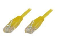 Yellow 1.5-meter Cat5e U/UTP networking cable with transparent connectors on both ends, designed for reliable data transmission.