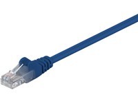 Blue 1-meter Cat5e U/UTP networking cable with a clear plastic connector, featuring eight gold-plated pins for reliable data transmission.