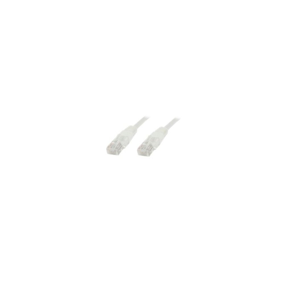 White 2-meter Cat5e networking cable with U/UTP configuration, featuring transparent connectors on both ends for easy connectivity.