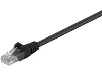 Black 5-meter Cat5e U/UTP networking cable with a clear plastic connector, featuring a flexible design for easy installation in various networking setups.