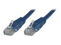 Blue 7.5-meter Cat5e networking cable with U/UTP design, featuring clear plastic connectors on both ends for secure Ethernet connections.