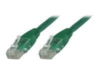 Green 10-meter Cat5e U/UTP networking cable with clear plastic connectors on both ends, designed for reliable data transmission.