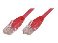Red 10-meter Cat5e U/UTP networking cable with clear plastic connectors on both ends, designed for reliable data transmission.