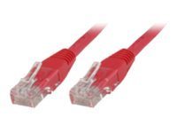 Red 15-meter Cat5e U/UTP networking cable with clear plastic connectors on both ends, designed for reliable data transmission.
