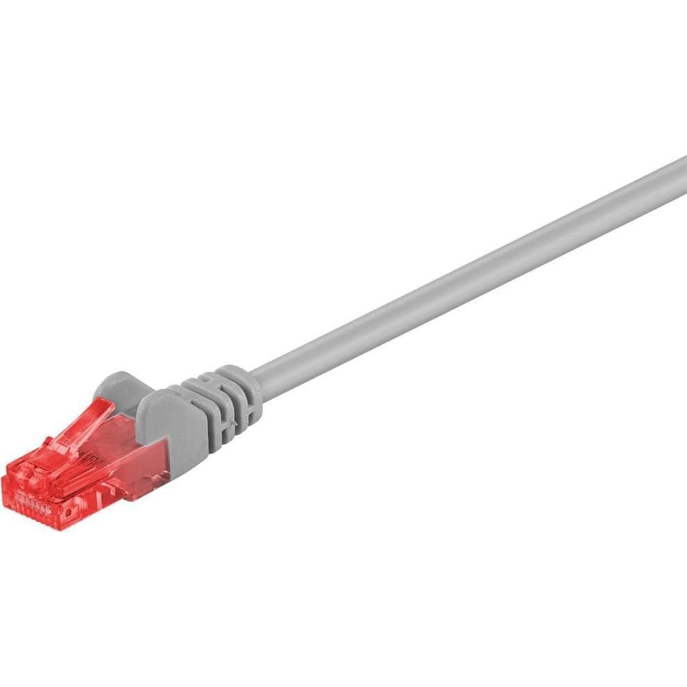 Grey networking cable with a 0.25 m length, featuring a transparent red connector, designed for Cat6 U/UTP (unshielded twisted pair) applications by Microconnect.