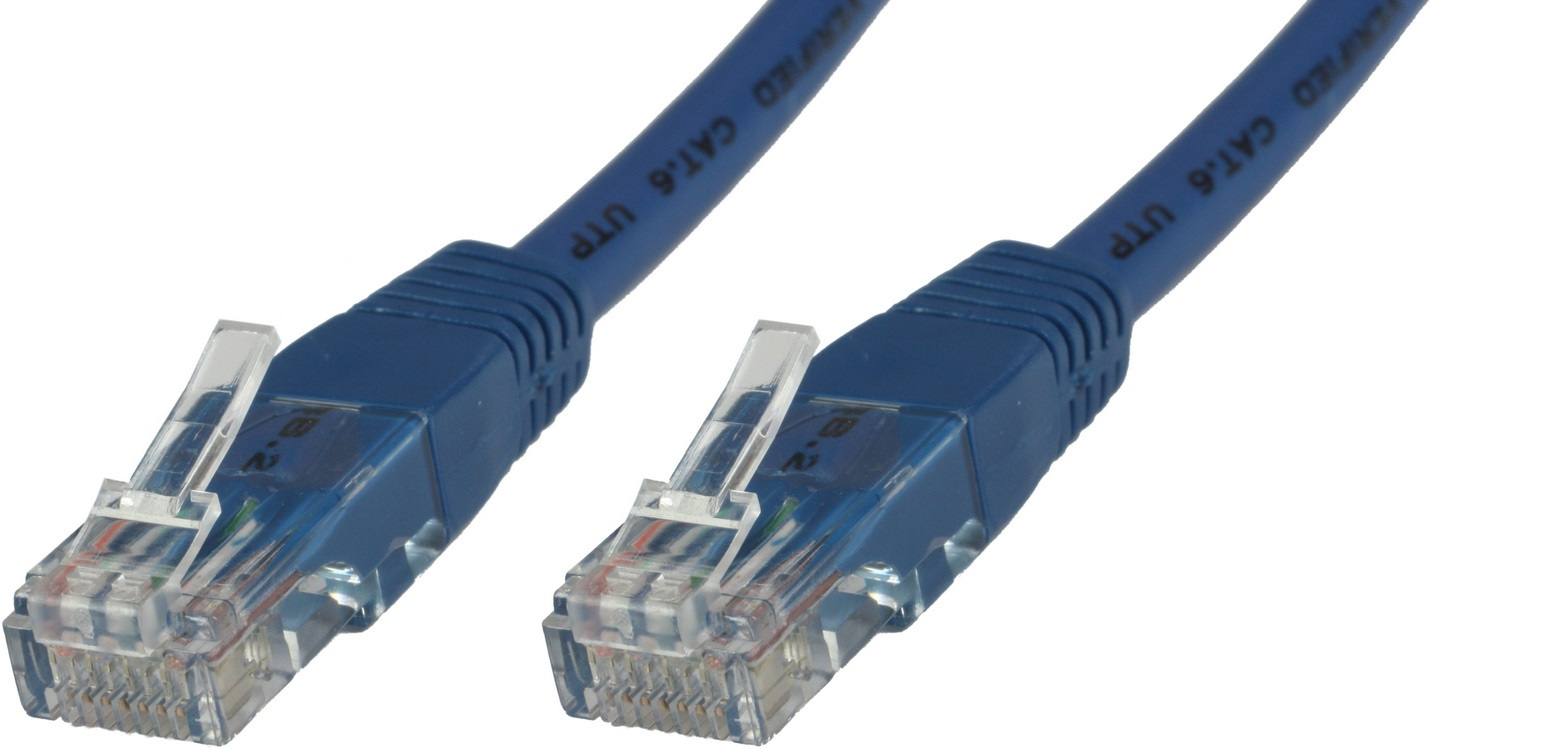 Blue 0.25 m Cat6 U/UTP networking cable featuring transparent connectors with clips on both ends for secure connections.