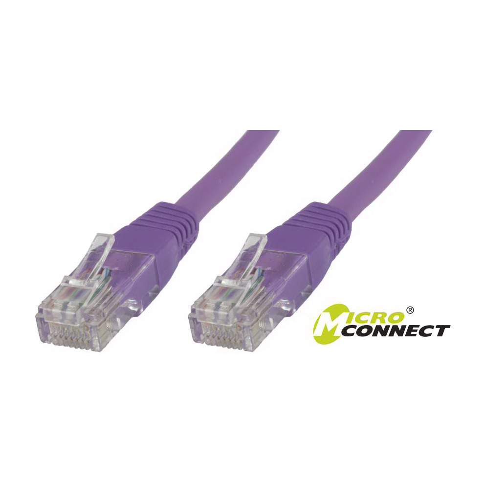 Purple Microconnect B-UTP60025P Cat6 networking cable, 0.25 meters long, featuring clear connectors on both ends and U/UTP construction for reliable data transmission.