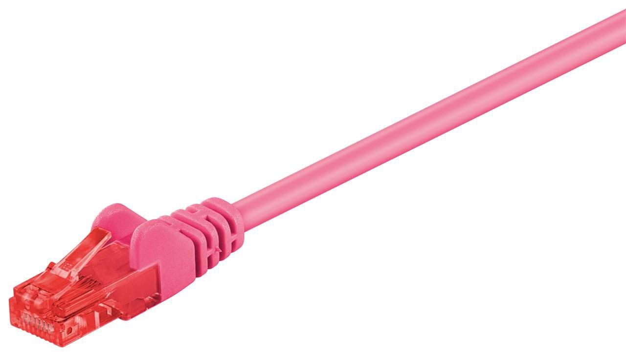 Bright pink networking cable with a 2-meter length, featuring a U/UTP design and clear plastic connectors, labeled as Cat6 by Microconnect.