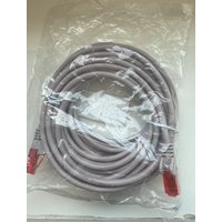 Coiled gray Microconnect B-UTP603-P networking cable with red connectors in clear plastic packaging.