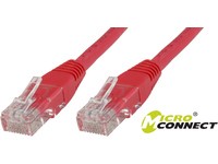 Red 3-meter Microconnect Cat6 U/UTP networking cable with clear plastic connectors on both ends, designed for high-speed data transmission.