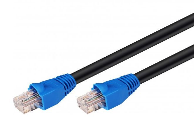 Black networking cable with blue connectors, measuring 5 meters, designed as Cat6 U/UTP by Microconnect, featuring unshielded twisted pairs for reliable data transmission.
