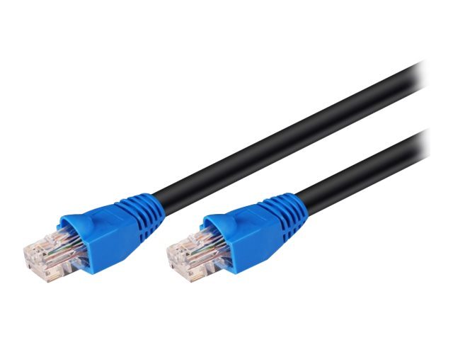 Black 10-meter Cat6 U/UTP networking cable featuring blue connectors on both ends, designed for reliable data transmission.
