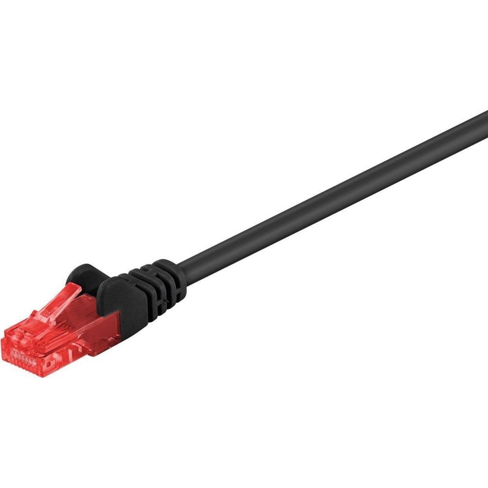 Black 30-meter Cat6 U/UTP networking cable featuring a flexible black outer material and a red connector at one end for easy identification.
