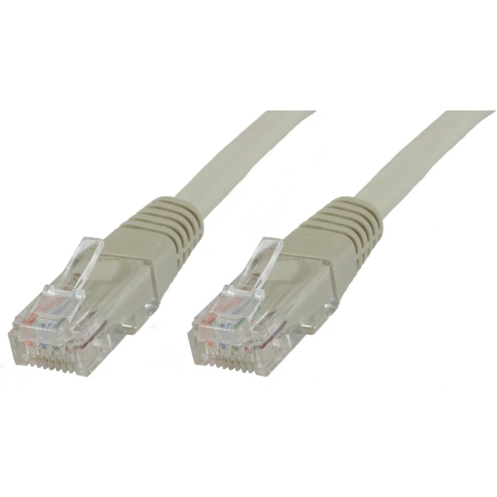 Grey Microconnect B-UTP650 Cat6 U/UTP networking cable, 50 meters long, featuring clear plastic connectors with eight gold-plated pins on each end.