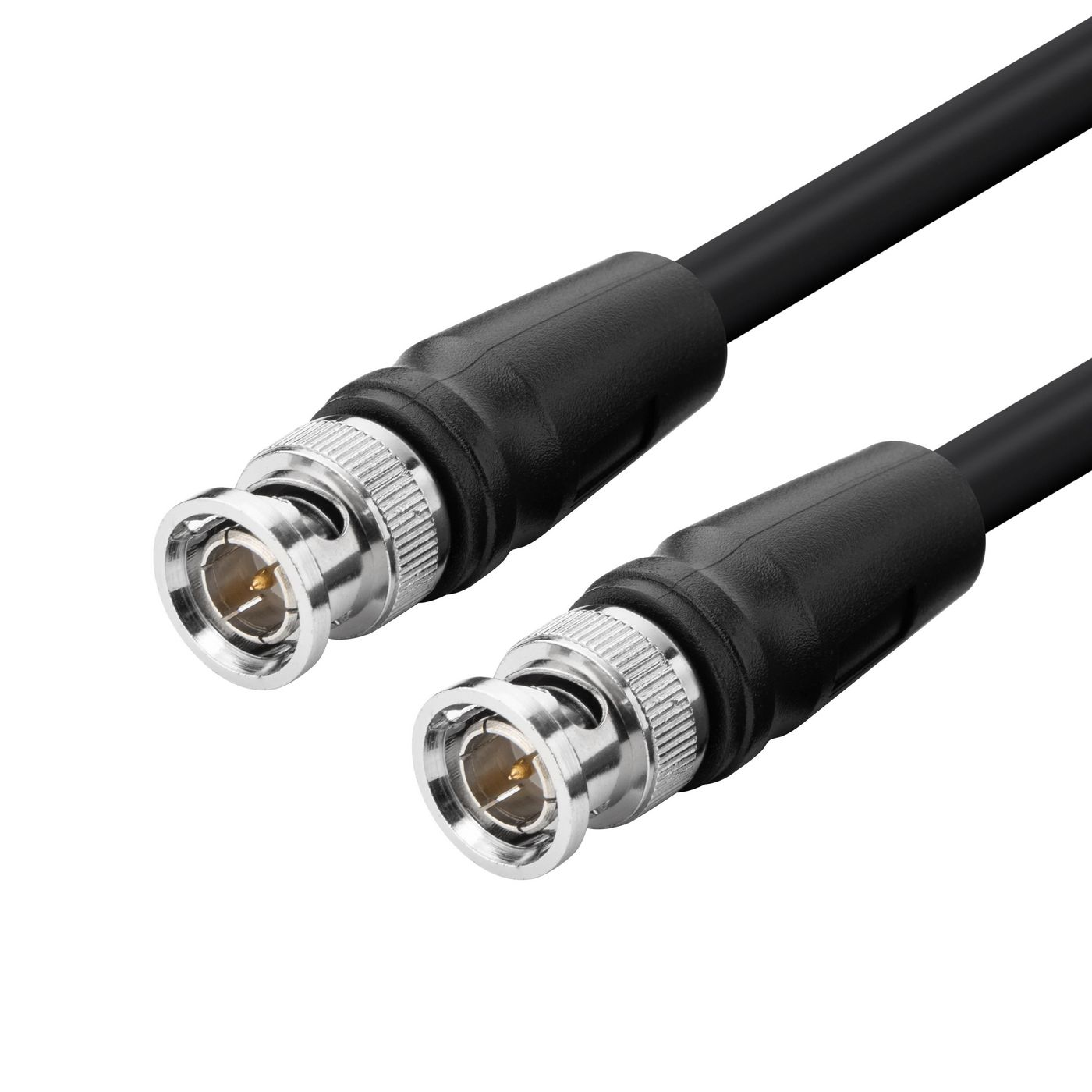 Black RG-6 coaxial cable featuring two BNC connectors with metal casings and textured grips for secure connections, measuring 1 meter in length.