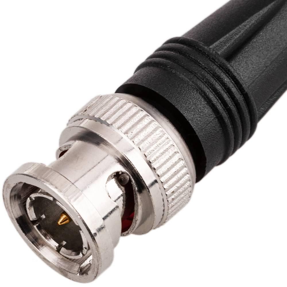 Silver BNC-HDSDI coaxial connector with a black rubber grip and a threaded metal collar, designed for secure connections in audio and video applications.