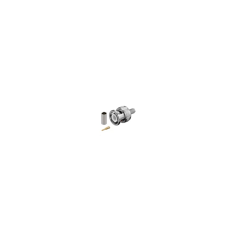 Silver BNC coaxial connector with a cylindrical body, a central pin, and a separate metal sleeve, designed for secure cable connections.