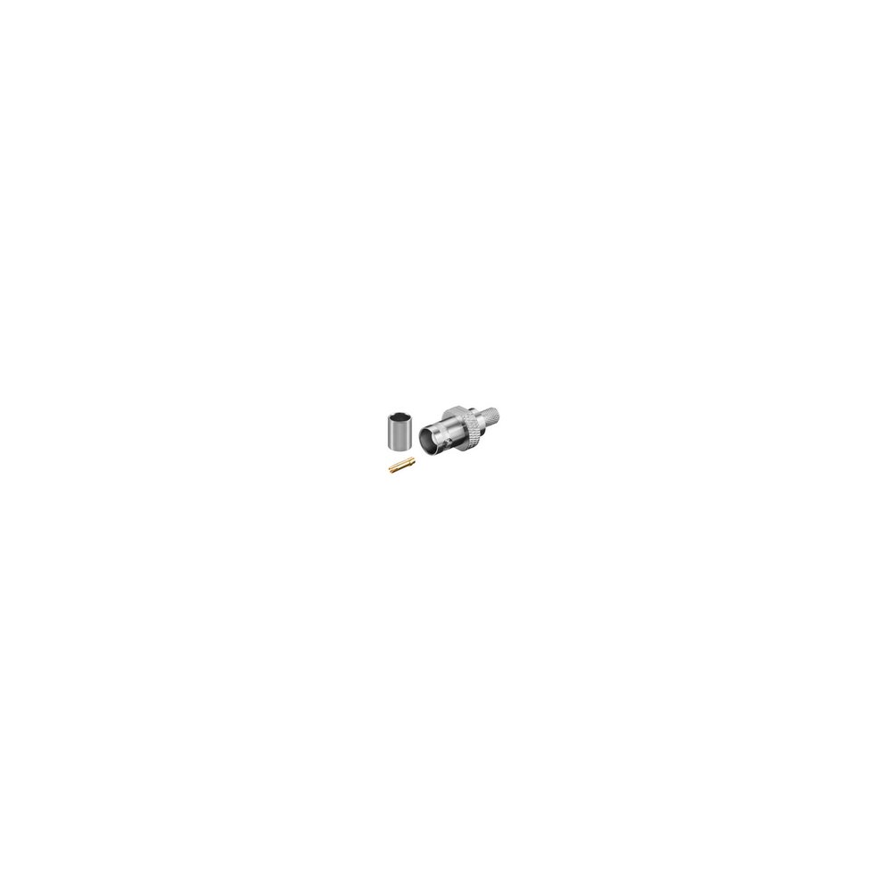 Silver metal BNC coaxial connector with a cylindrical body and gold-plated pin, accompanied by a matching cylindrical sleeve, designed for secure cable connections.