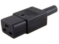 Black C19 coupler power cable with a rectangular connector, featuring a textured surface and multiple pin openings, designed for secure electrical connections.