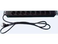 Black metal power distribution unit with 8 AC outlets, featuring a sturdy design and a long power cable, ideal for rack mounting in server or equipment cabinets.