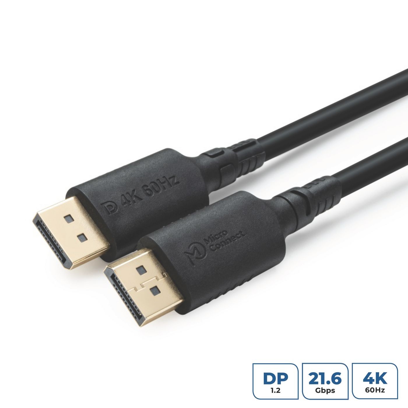 Black Microconnect ColorFlex 4K DisplayPort 1.2 cable, featuring gold-plated connectors, supports 4K at 60Hz and data transfer speeds of 21.6 Gbps.