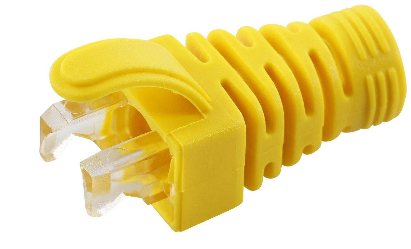 Yellow networking cable with a textured grip and clear plastic connectors, designed for secure connections in networking applications.