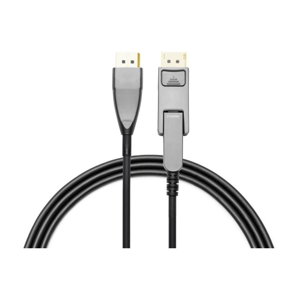 Black 15-meter DisplayPort cable with sturdy connectors, featuring a sleek design and clear labeling on the connectors for easy identification.