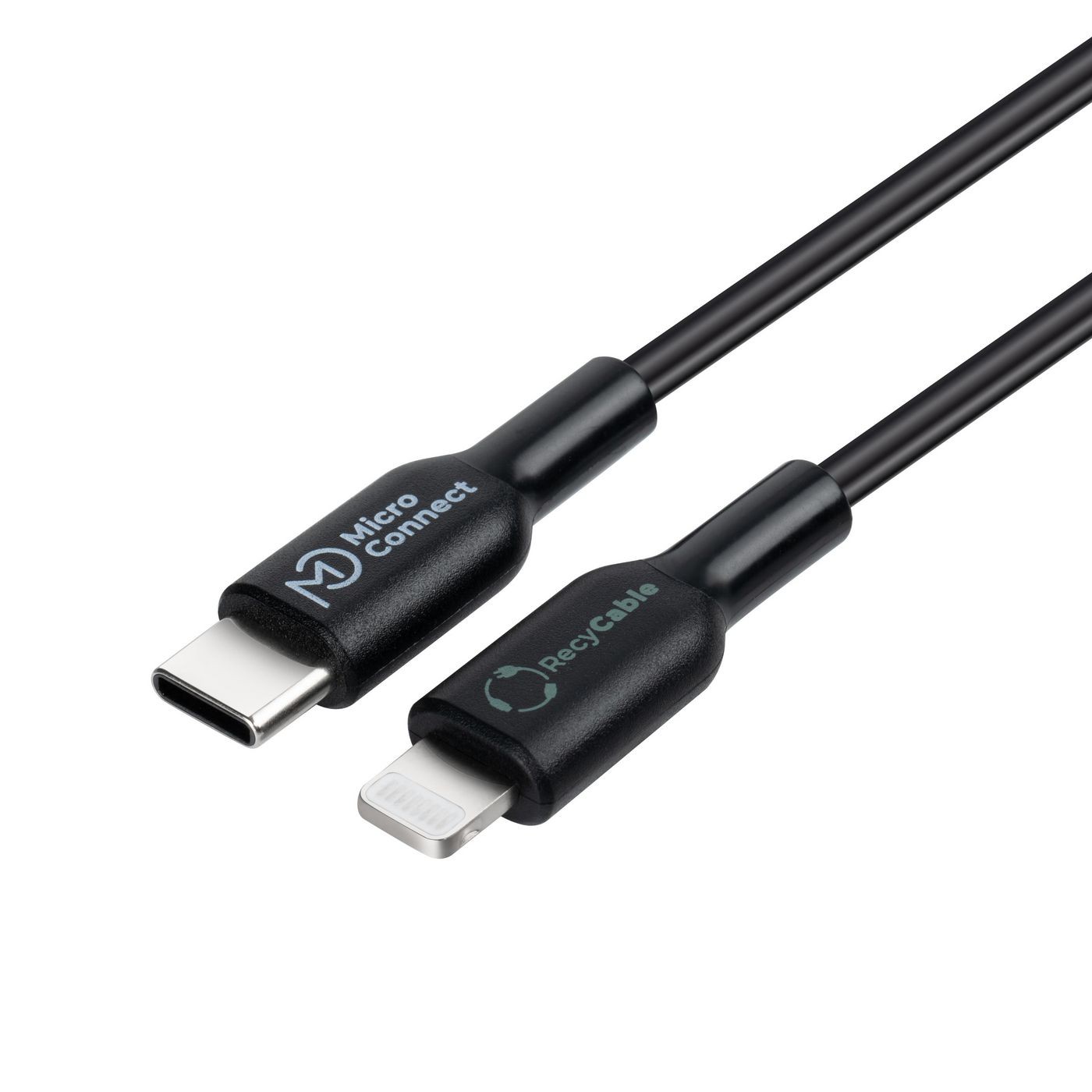 Black Microconnect ECO-USB3.1CL2 Lightning cable, 2 meters long, featuring a USB-C connector on one end and a Lightning connector on the other, made from durable materials.