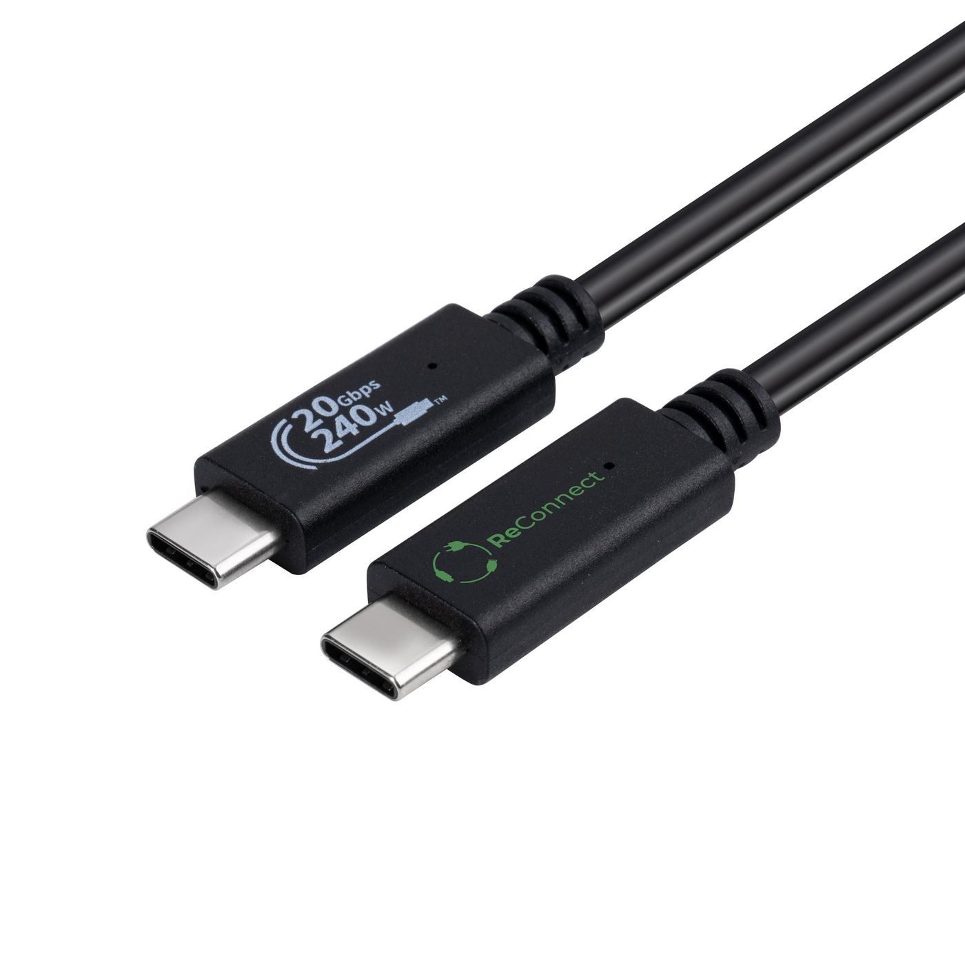 Black USB cable with USB 3.2 Gen 2x2 connectors on both ends, featuring a sleek design and green branding, capable of 20 Gbps data transfer and 240W power delivery.