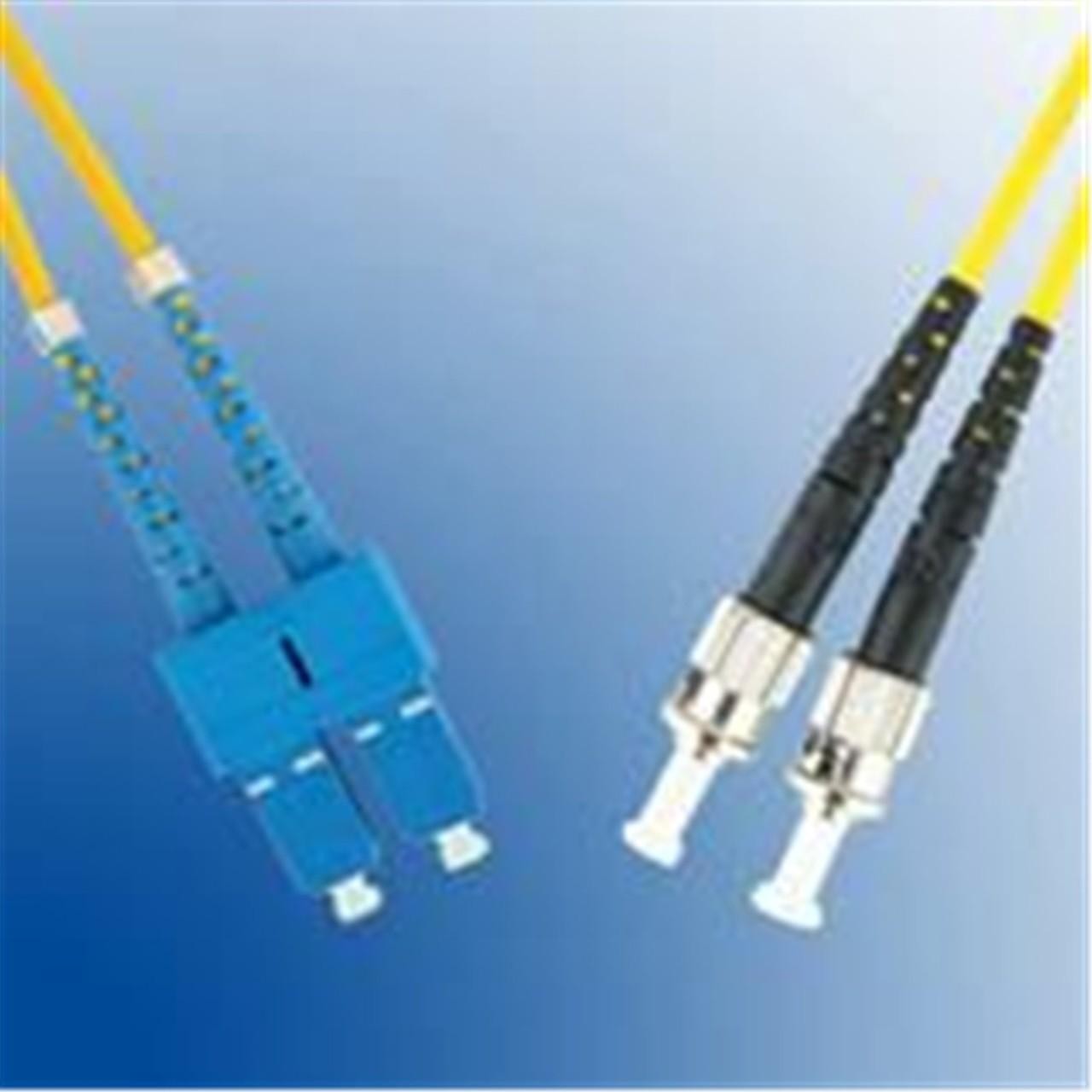 Yellow 1-meter Microconnect InfiniBand/fibre optic cable featuring ST and SC connectors, with a blue connector housing and black protective sleeves on the ends.