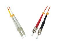 Microconnect FIB412002 InfiniBand/fibre optic cable, 2 meters long, featuring LC and ST connectors, with a blue outer sheath and color-coded strain relief boots in red and black.