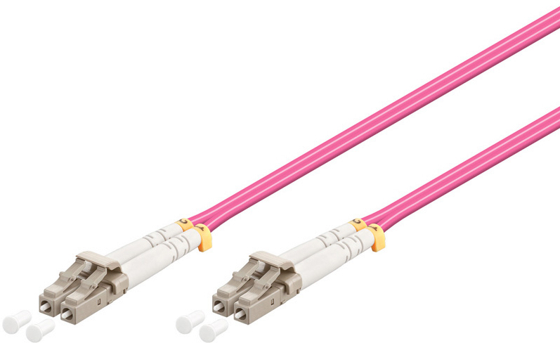 Violet 4-meter InfiniBand/fibre optic cable featuring LC connectors with beige housing and yellow clips, designed for high-speed data transmission.
