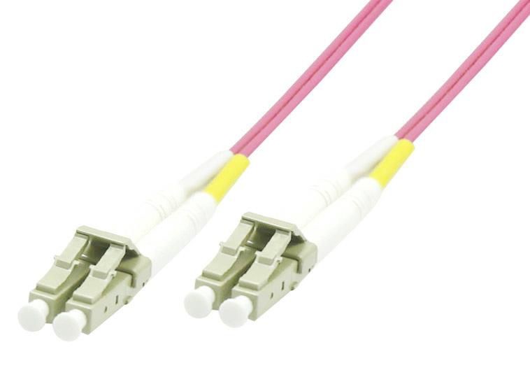 Microconnect FIB440450P InfiniBand/fibre optic cable, 50 meters long, featuring pink outer sheathing, with LC and ST connectors in white and yellow accents.