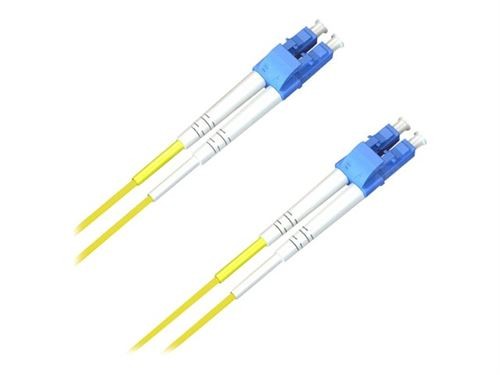 Yellow fibre optic cable with two LC connectors at each end, featuring blue plastic housings and a total length of 8 meters, designed for InfiniBand applications.