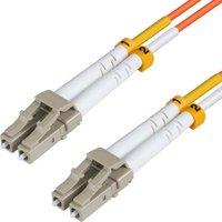 Orange Microconnect InfiniBand fibre optic cable, 15m, with LC connectors and yellow number tags.