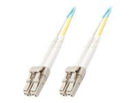 Microconnect FIB442030 InfiniBand/fibre optic cable, 30 meters long, featuring blue LC connectors with a white and yellow casing, designed for high-speed data transmission.
