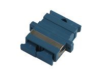 Blue Microconnect SC fibre optic adapter with a compact design, featuring a metal connector plate and grooves for secure fitting.