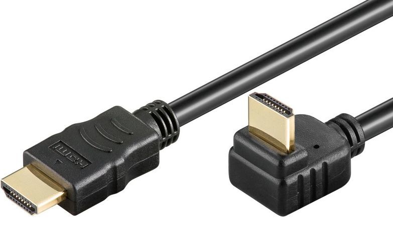 Black HDMI cable with a 1-meter length, featuring a standard HDMI Type A connector on one end and a right-angle connector on the other, made of durable plastic material.