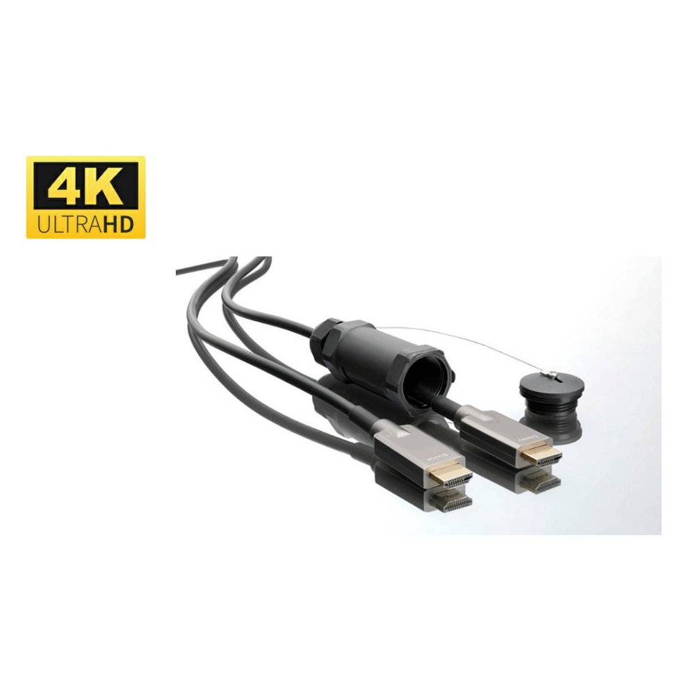 Black HDMI cable with two standard Type A connectors, featuring a robust design and a protective cap, labeled for 4K Ultra HD compatibility, measuring 50 meters in length.