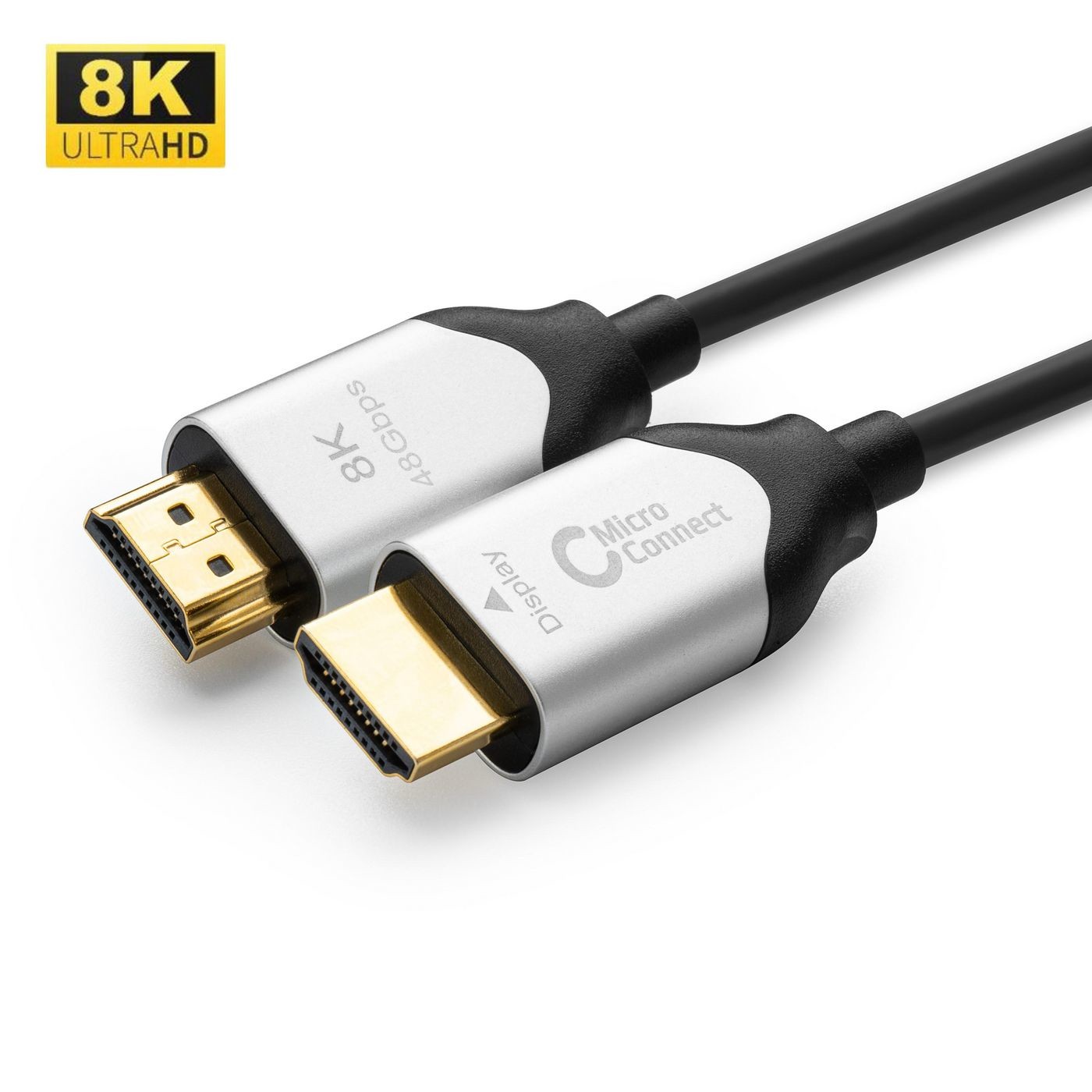 Black HDMI cable with gold-plated connectors, labeled "8K ULTRA HD" and "Micro Connect," designed for high-speed data transfer and compatibility with 8K displays.