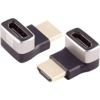 Black HDMI gender changer with two angled connectors, featuring a silver metal trim and a smooth plastic body, designed for connecting HDMI cables.