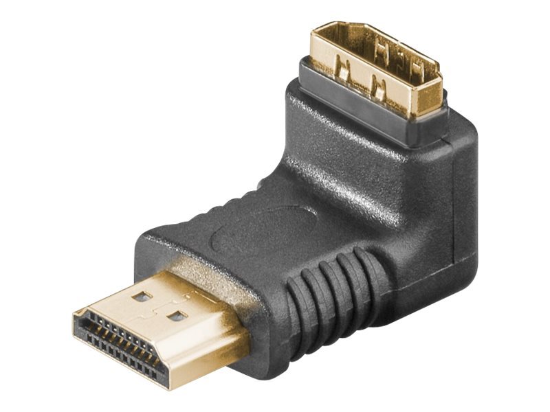 Black HDMI gender changer with gold-plated connectors, featuring a right-angle design for easy cable management and a durable plastic body.
