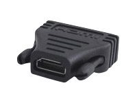 Black HDMI gender changer with a compact design, featuring an HDMI Type A port and a DVI-D Dual Link port, made of durable plastic with ribbed texture for grip.