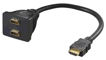 Black HDMI splitter cable featuring one male HDMI 19 connector and two female HDMI 19 connectors, designed for connecting multiple devices.