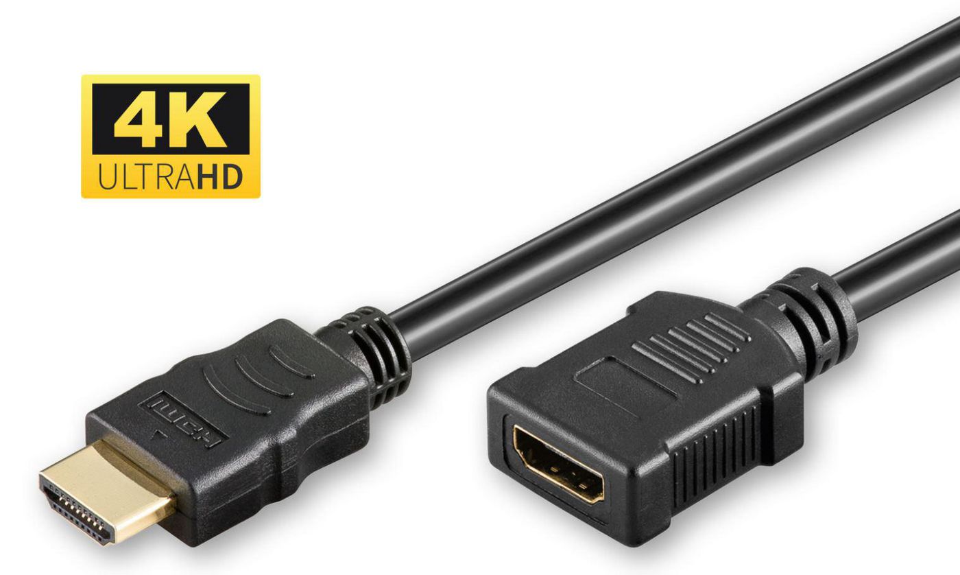 Black Microconnect HDMI 2.0 extension cable, 2 meters long, featuring a male connector on one end and a female connector on the other, supporting 4K Ultra HD resolution.
