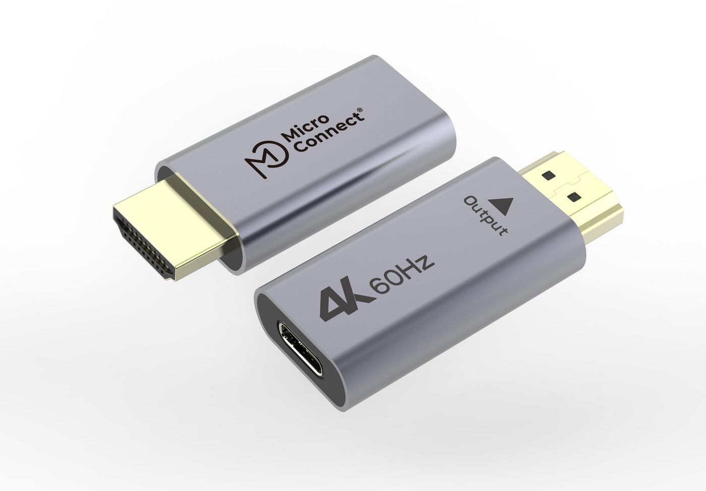 Microconnect HDMI adapter in metallic gray with a gold-plated HDMI connector and a USB-C output, supporting 4K resolution at 60Hz.